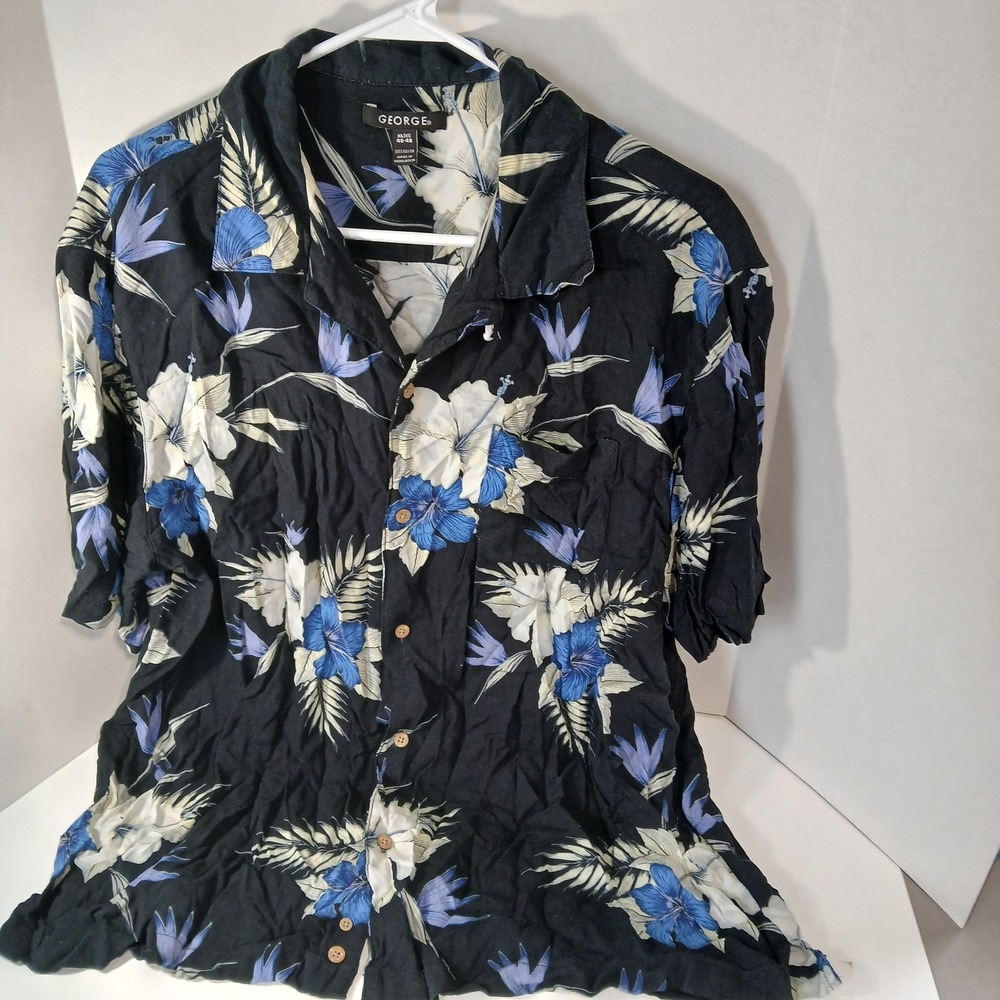 Basic Editions Hawaiian Shirt Men's XL Black Blue & White Floral Button Casual